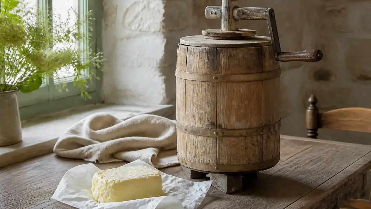 Baratte ancienne en bois à côté d’une motte de beurre jaune pâle sur une table de ferme