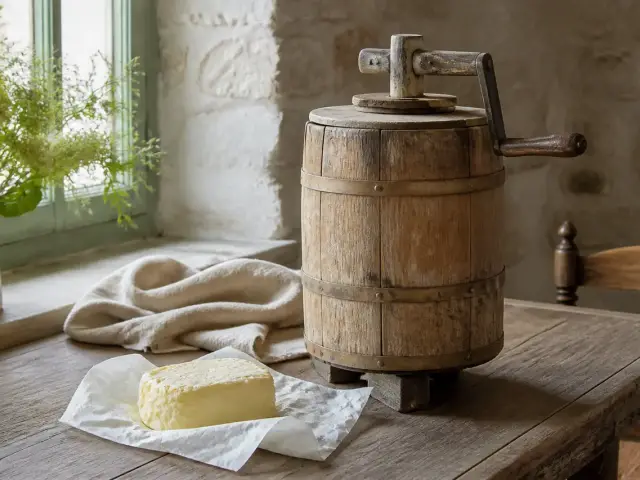 Baratte ancienne en bois à côté d’une motte de beurre jaune pâle sur une table de ferme