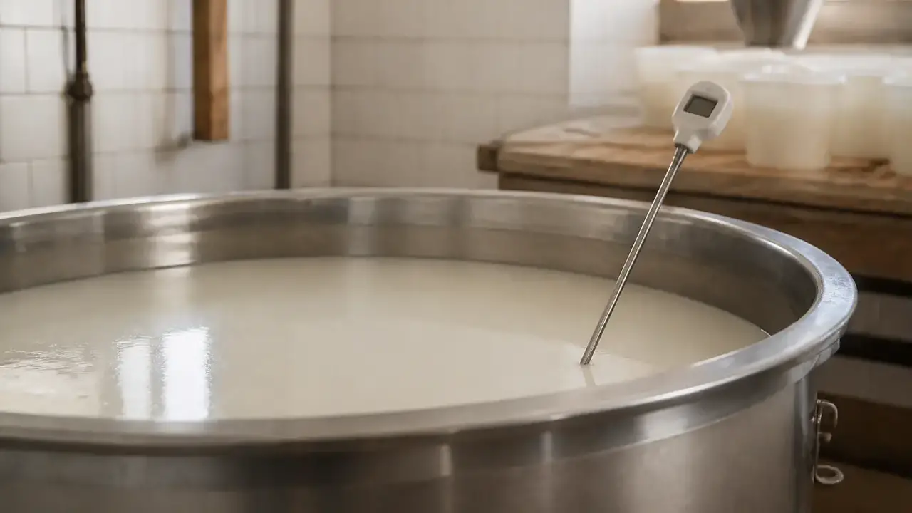 Cuve de fromagerie en inox remplie de lait, un thermomètre plongé dans le lait