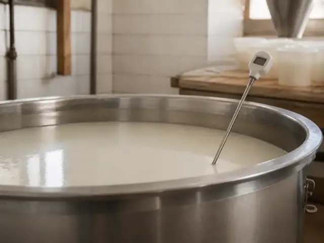 Cuve de fromagerie en inox remplie de lait, un thermomètre plongé dans le lait