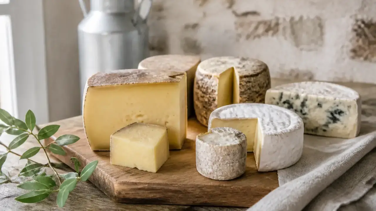 Planche de fromages au lait cru : pâte pressée, croûte fleurie, bleu et petit chèvre, bidon de lait en arrière-plan