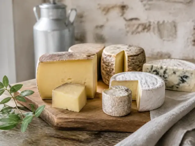 Planche de fromages au lait cru : pâte pressée, croûte fleurie, bleu et petit chèvre, bidon de lait en arrière-plan