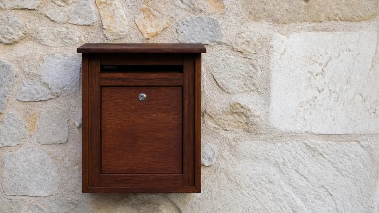 Une boîte aux lettres en bois fermée, fixée sur un mur de pierre claire
